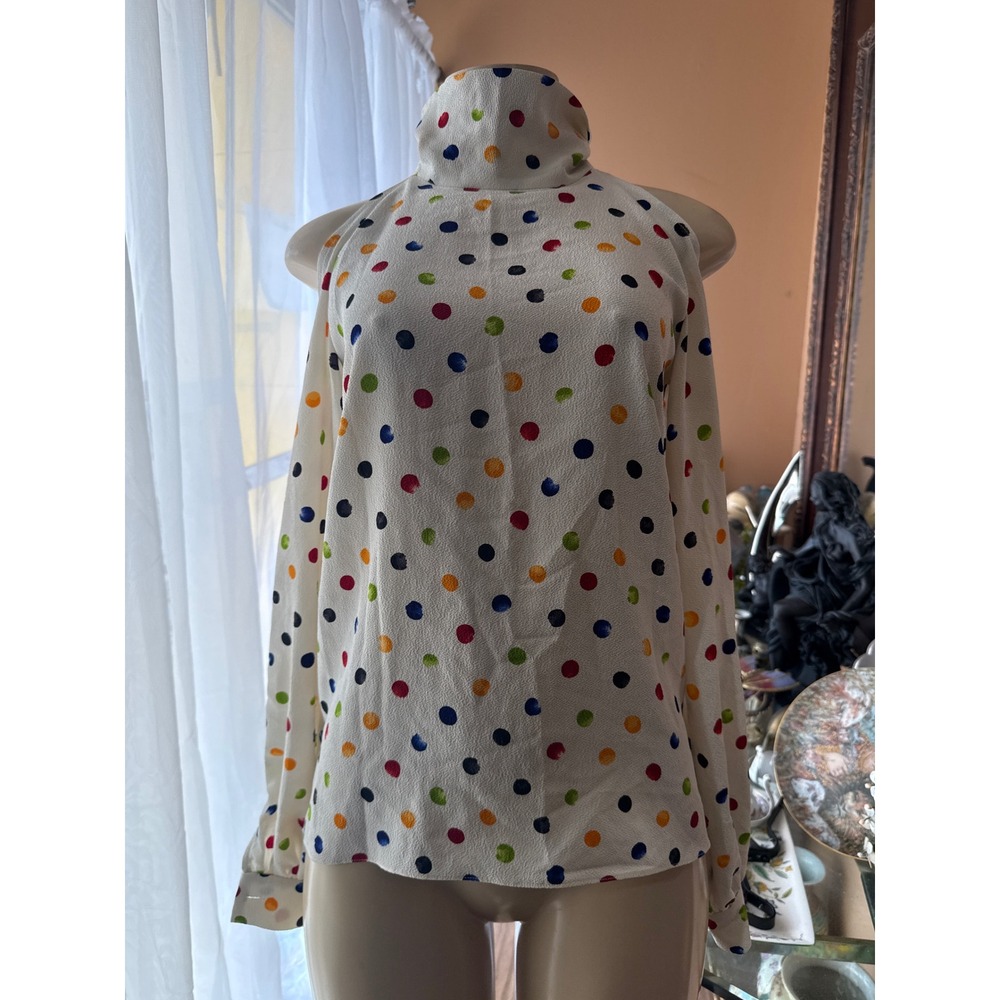 Anna October Polka Dot Cold Shoulder Blouse White Multi Mock Neck XS Ukraine